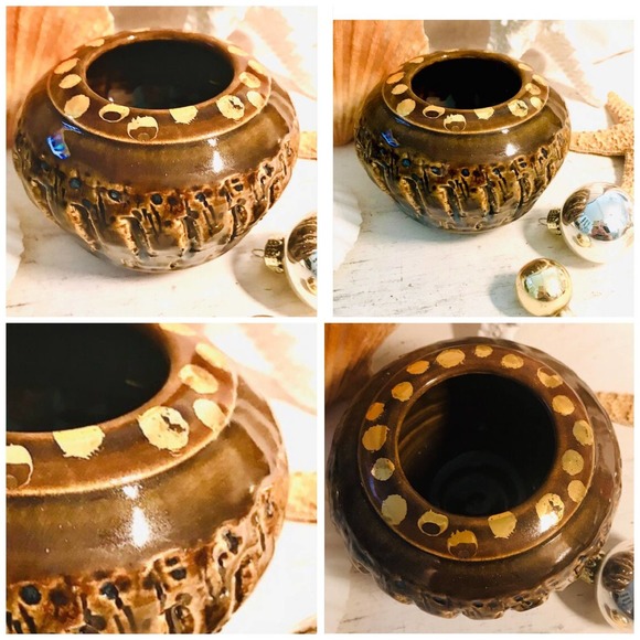 Brown Pottery Vase with Genuine 18K Gold Accents & Texture - Picture 5 of 10